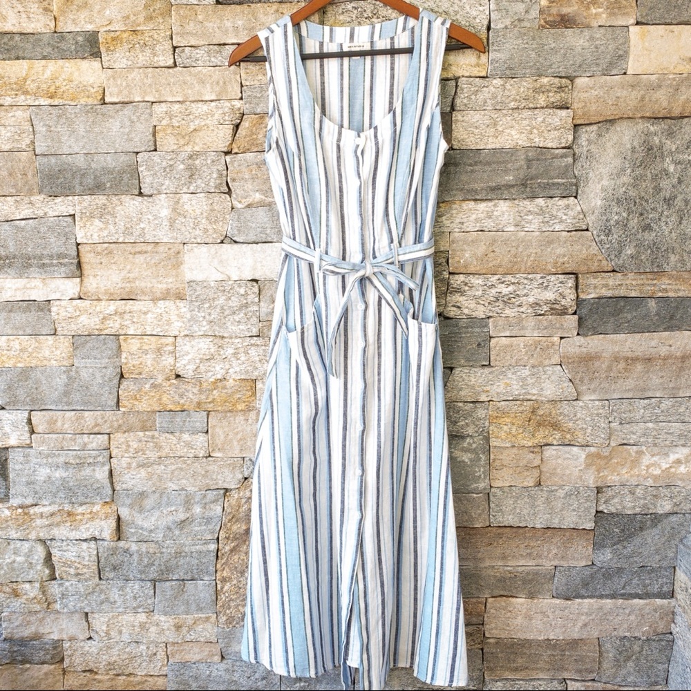 Max Studio Striped Linen Button Up Midi Dress